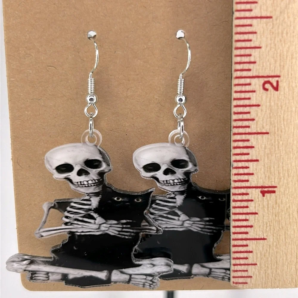 Skeleton Holding a Black Cat Acrylic Dangle Earrings 2D Fashion Jewelry